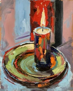 Colorful candle. Still l ORIGINAL IMPASTO, PALETTE KNIFE OIL PAINTING. - Picture 1 of 6