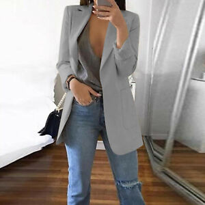 Plus Size Womens Open Front Plain OL Blazer Suit Ladies Long Sleeve Jacket Coat