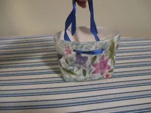 Handmade Ceramic BASKET BOWL with Ribbon Handles, Pink/Purple/Green Flower - Picture 1 of 9