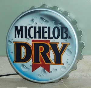 Vintage 1989 MICHLOB DRY Ultra Beer Round Bottle Cap Lighted Wall Sign Bar Light - Picture 1 of 12