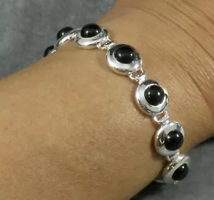 .925 STERLINGSILBER rund gewölbter schwarzer Onyx Edelstein ARMBAND 7 1/4" - Bild 1 von 4