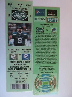 AARON RODGERS PRIMER Y ÚLTIMO JUEGO CON JETS DE NUEVA EDAD TEMPORADA 2023, BOLETO REPRO 09-11-23 Foto 1 de 4