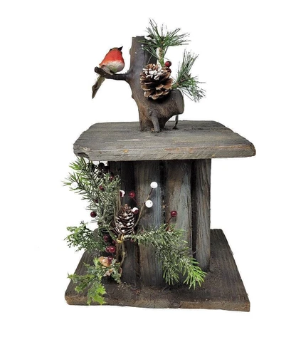 Christmas Rustic Wooden cardinal bird Birdhouse Log Cabin Table Decor Cover