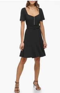 DKNY Black Crepe Sweetheart Neck Short Sleeve Belted Knee Length Dress Zip Sz 6 - Picture 1 of 8