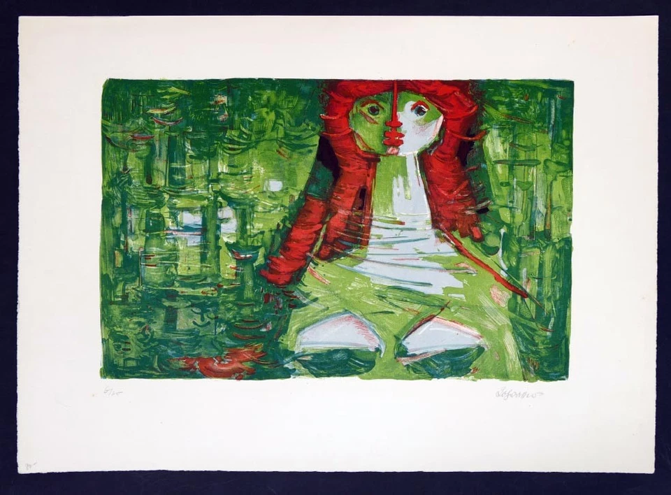 Kurt-Paul LOHWASSER, Mädchen mit rotem Haar - Lithographie in Farbe - Bild 1 von 1