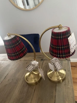 PAIR of 2 Laura Ashley Red Plaid Shade  Touch Table Lamps Brass/Golden  - Image 1 of 4