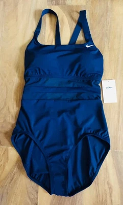 Maiô feminino novo com etiquetas Nike azul marinho painel de malha parte traseira em V peça única tamanho XL - Imagem 1 de 4