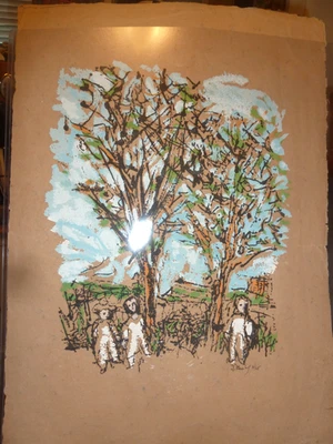 Serigrafia colorida original FRANK KLEINHOLZ "Duas árvores-Três crianças" 1964 - Imagem 1 de 4