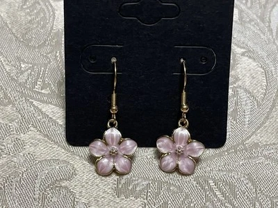 Vintage Pink Sakura Floral Gold Dangle Fashion Bohemian Casual Fun Earrings - Image 1 of 3