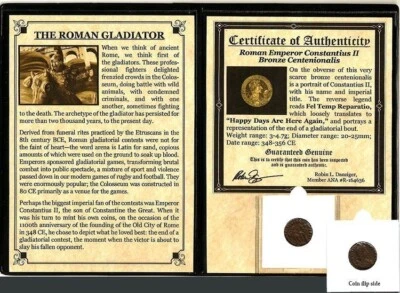 Roman Centenionalis of Constantius II AD 337-361 GLADIATOR REVERSE - ALBUM & COA - Image 1 of 3