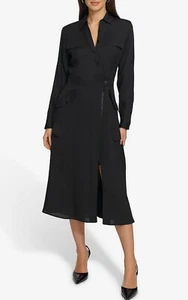 DKNY Long Roll-Tab Sleeve Silky Cargo Black Midi Dress Women Size Small Chic - Picture 1 of 7