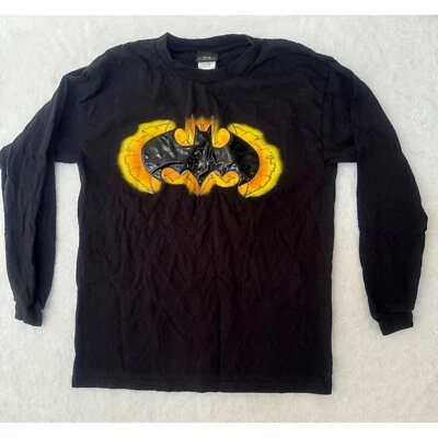 DC 漫画蝙蝠侠男孩大号黑色长袖衬衫橡胶纹理蝙蝠侠标志 — 第 1/4 张图片