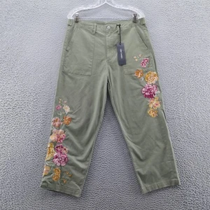 Driftwood Womens Portofino Boyfriend Crop Pants XL Green Floral Embroidered NEW - Picture 1 of 15