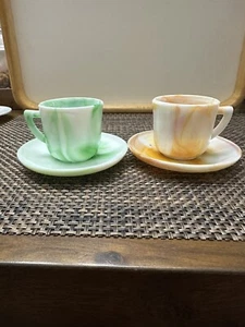 Pair of Akro Agate Demitasse Cups & Saucers, Green And Orange Marbled Slag Glass - Picture 1 of 9