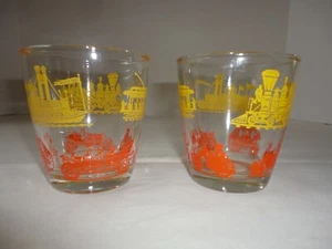 Sour Cream Glasses 2 Vintage Hazel Atlas Transportation Stagecoach Cars Boat - Picture 1 of 5