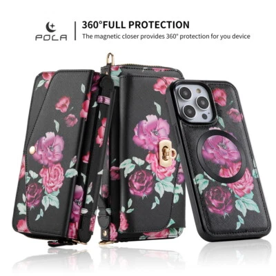 Flowery Lady Handbag Wallet Removable Magnetic Case For iPhone 12 13 14 15 16 - Image 1 of 4