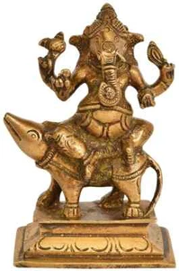 Antique Brass Lord Ganesha Seated on Rat Figurine Statue Hindu Idol Statue - Picture 1 of 1