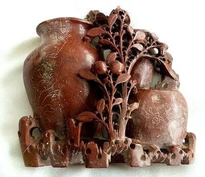 JARRÓN DE PIEDRA DE JABÓN ASIÁTICO DE COLECCIÓN DISEÑO EN RELIEVE Y PÁJARO GRABADO Foto 1 de 4