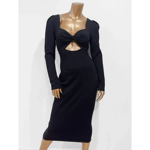 H&M Women's Black Twist Front V-Neck Long Sleeve Cutout Fitted Midi Dress Size M - Picture 1 of 4