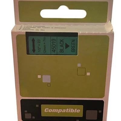 6 Pack Compatible DYMO 45019 Black on Green Label Tape 12mm x 7m - Image 1 of 4