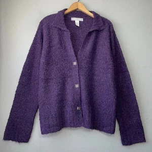 Modern Soul Size L Artsy Dark Purple Wool Sweater Button Cardigan Chunky Knit - Picture 1 of 8