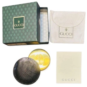 Gucci Spiegel Vintage rund kompakt gold Logo mit schwarzem Lederetui und Box - Bild 1 von 8