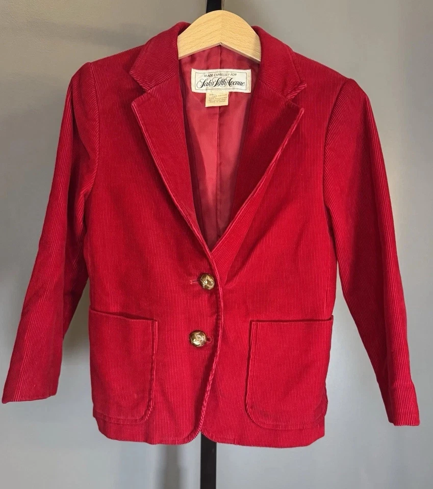 Chaqueta de pana vintage Saks Fifth Avenue abrigo deportivo rojo niños talla 4 vacaciones Foto 1 de 4