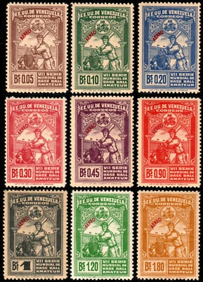 ✔️  VENEZUELA 1944 BASEBALL AIR MAIL SC. C189/197 MI.415/423 100€ MNH - Image 1 of 2