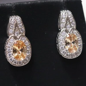 14k White Gold Oval Orange Citrine With A Halo Of Round Diamonds Drop Earrings - Picture 1 of 7