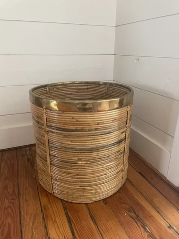 MCM Gabriella Crespi Style Pencil Reed Basket Planter Brass Trim 17.5"x17.5" Cover