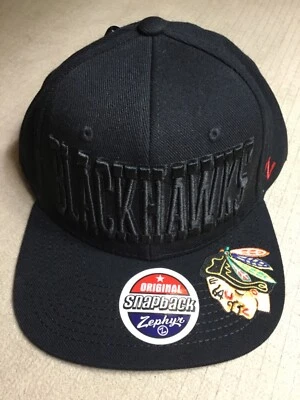 Chicago Blackhawks “Blackhawks” w/Logo on Brim Black Zephyr SnapBack Hat NWT - Image 1 of 4
