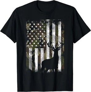 Camo US Flag Deer Elk Buck Camoflage Hunting Hunter Dad Gift Unisex T-Shirt - Picture 1 of 3