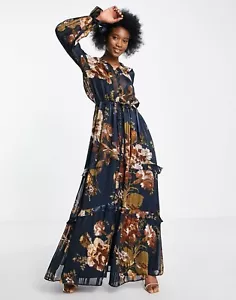 ASOS Floral Maxi Dress Long Ruffle Cocktail Party Faux Button Front Sz 12 BNWOT! - Picture 1 of 15
