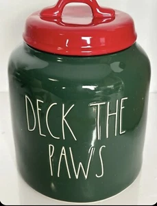 RAE DUNN "Deck The Paws" Navidad Mascota Tarro Bote 8" X 6" NUEVA CAJA ORIGINAL - Imagen 1 de 2