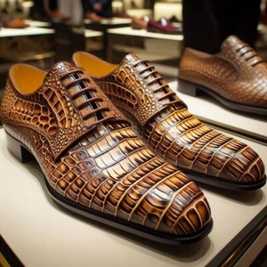 Handmade Men's Crocodile Texture Leather Shoes Formal Dress Lace Up Shoe - Picture 1 of 5