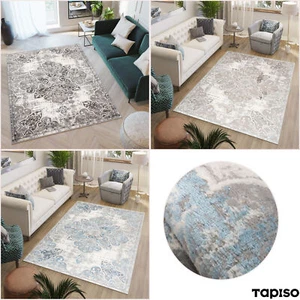 Teppich Kurzflor Grau Weiß Blau Vintage Blumen Meliert Verwischt Wohnzimmer - Bild 1 von 32