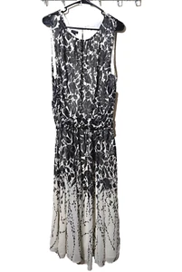 Talbots Maxi Dress Sz 20W Floral Belted Chiffon Flowy Boho Black Ivory Classic - Picture 1 of 12
