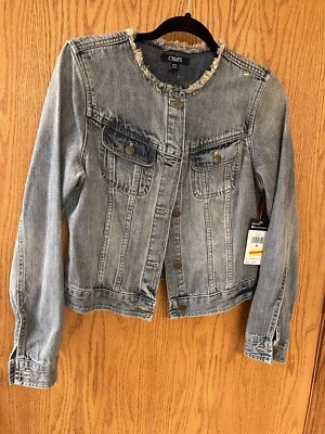 复古 WomenChaps 仿旧毛边领牛仔蓝色水洗夹克西装夹克 M,全新带标签 — 第 1/4 张图片