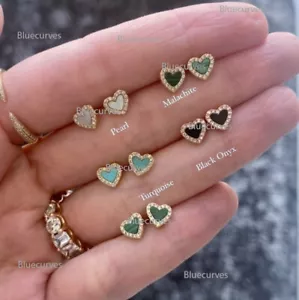 Black Onyx, Turquoise, Malachite, Pearl & Diamond Heart Halo Earrings 14k Gold - Picture 1 of 14