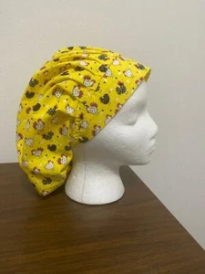 CHICKENS ON YELLOW ON NURSES SCRUB HAT, BOUFFANT,CHEMO,SURGERY TECH - Picture 1 of 2