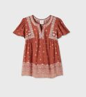 Size Xs - Women's Floral Print Short Sleeve Embroidered Top Rust - Knox Rose