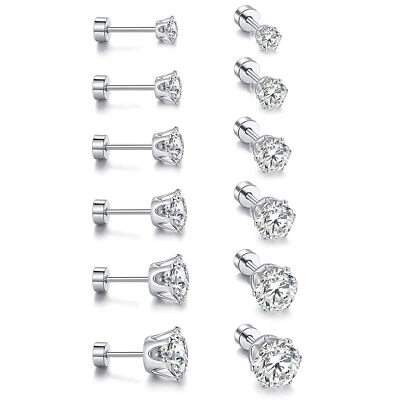 6 Pairs Stainless Steel Round Cubic Zirconia Stud Earrings Set for Men Women - Image 1 of 4