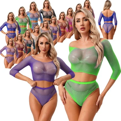 Women's See Through Fishnet Lingerie Set Long Sleeve Crop Top Briefs Underwear - Image 1 of 4