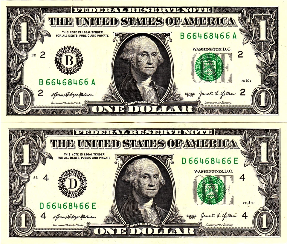 $1 2021 UNCIRCULATED  2021  Fancy Serial MATCHING SERIALS B66468466A  D66468466A - Image 1 of 1