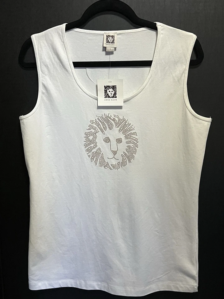 Camiseta sin mangas blanca para mujer Anne Klein nueva con etiquetas con logotipo de león en detalles dorados talla L Foto 1 de 1
