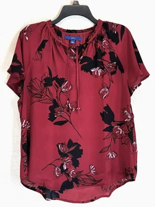 Apt 9 Burgundy Black And White Floral Sheer Curved Hem Ladies Top Size L - Picture 1 of 19