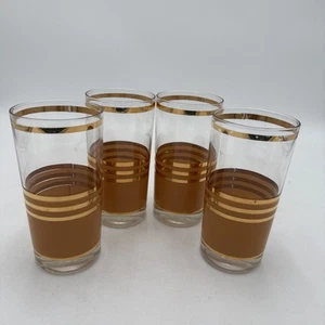 Vintage MCM Gold Tan Clear Glasses Set 4 Tumblers 5.5" Tall Art Deco Mid Century - Picture 1 of 19