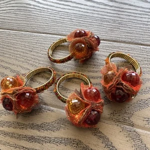 Pier 1 Imports Set Of 4 Napkin Rings Jewel Beaded Cluster Orange Red Green Gold - Picture 1 of 4