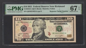 United States- 10$ 2021 Fr#2046-E (QEA Block) Repeater S/N UNC Grade 67 Top Pop - Picture 1 of 2