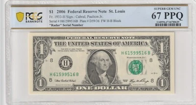 $1 2006 FRN Fr# 1933-H HB Block PCGS UNC 67 PPQ St. Louis Radar Serial # - Image 1 of 2